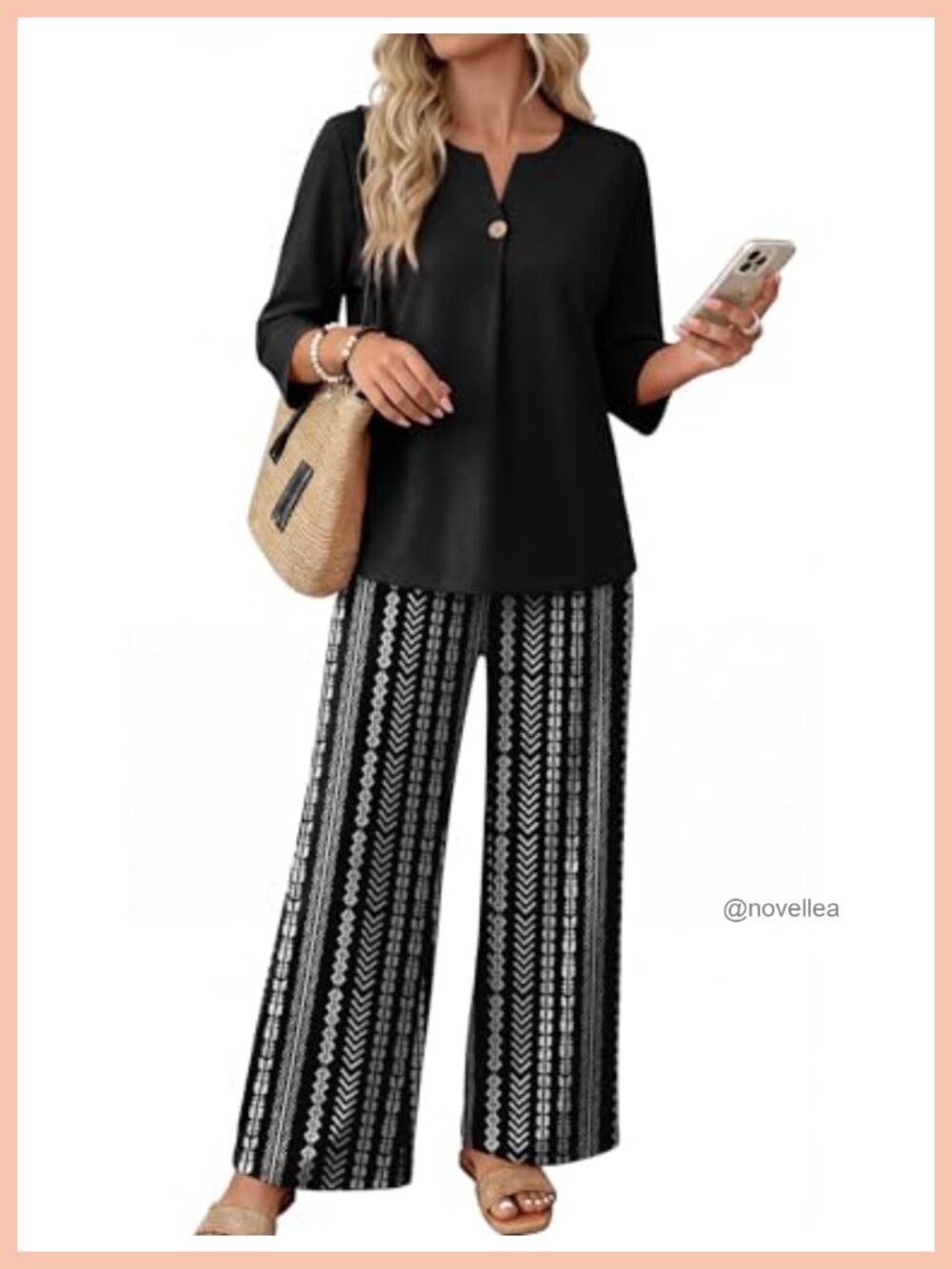 Women's 3/4 Sleeve Lounge Two Piece Set High Waisted Wide Leg Pants Travel